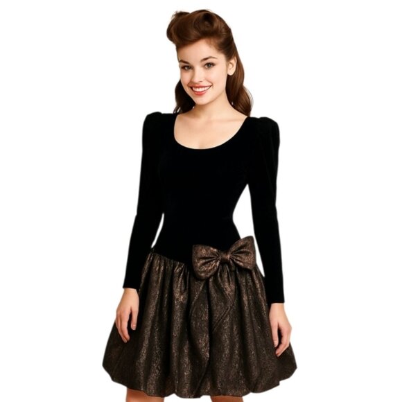 Rimini Black Vintage Velvet and Metallic Bubble Skirt Dress - Picture 3 of 16